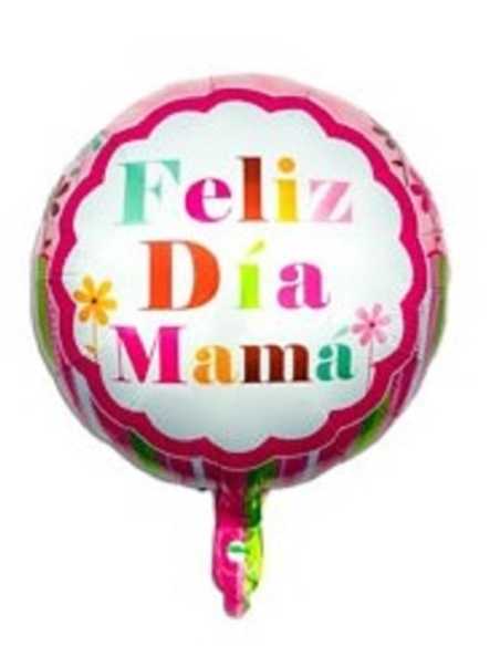 GLOBO METALIZADO 18" 45cm FELIZ DIA MAMA LUNARES Y RAYAS ROSAS x1