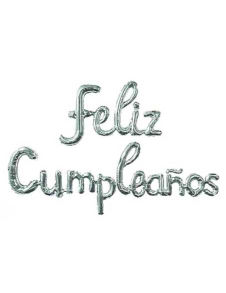 GLOBO METALIZADO FELIZ CUMPLEAÑOS FRASE CURSIVA PLATA x1