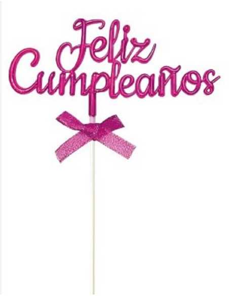 CAKE TOPPER FELIZ CUMPLEAÑOS CURSIVA 3D CON MOÑO ROSA x1
