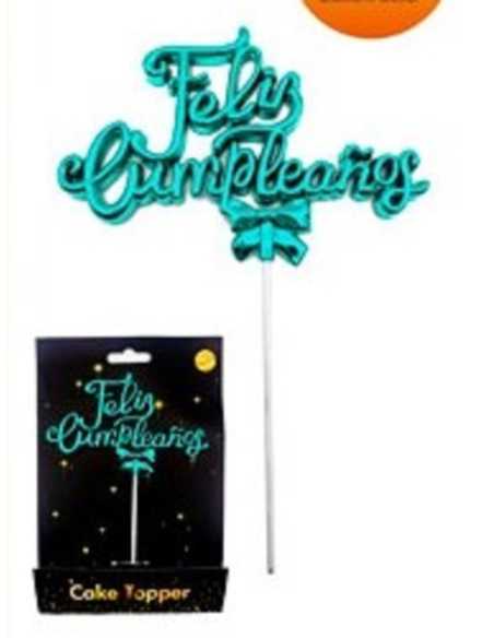 CAKE TOPPER FELIZ CUMPLEAÑOS CURSIVA 3D CON MOÑO TURQUESA x1