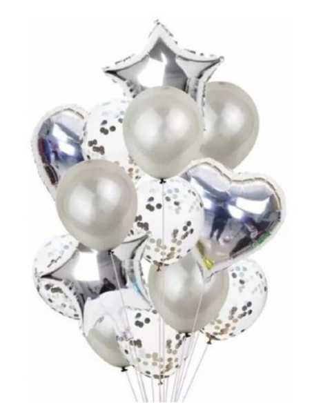 SET 14 GLOBOS CORAZON ESTRELLA METALIZADO LATEX PLATA x1