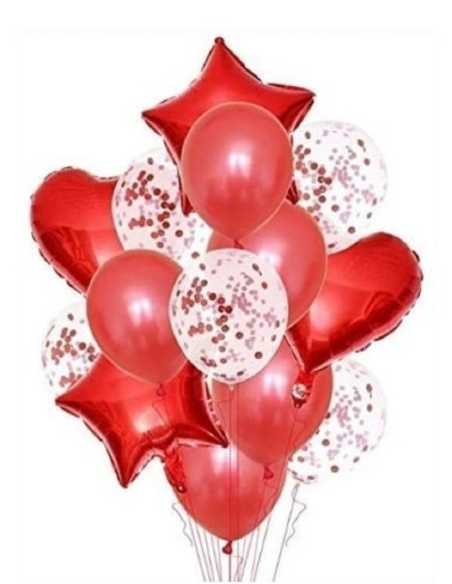 SET 14 GLOBOS CORAZON ESTRELLA METALIZADO LATEX ROJO x1