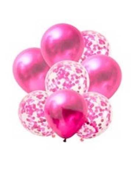 SET 8 GLOBOS PERLADO CON CONFETTI FUCSIA x1