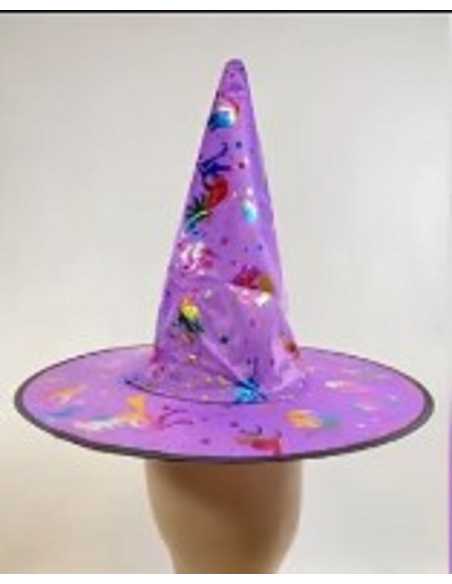 GORRO BRUJA ANACLETA VIOLETA IMPRESIÓN IRIDISCENTE