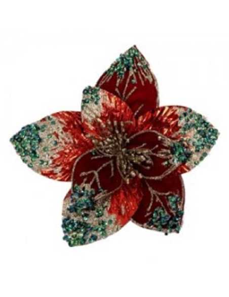 FLOR ROJA, VERDE Y ORO CON GLITTER 20x20cm