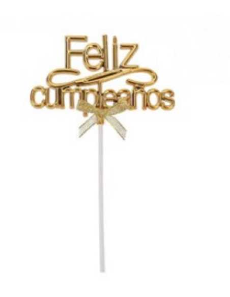 ADORNO TORTA FELIZ CUMPLEAÑOS DORADO