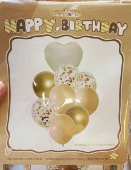 SET 9 GLOBOS LATEX CORAZON CONFETTI CON CINTA CARAMEL