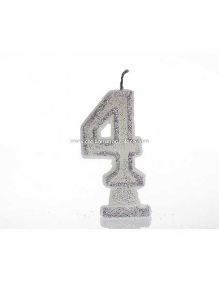 VELA NUMEROTE GRANDE 9cm CON BRILLO BLANCO Nº 4
