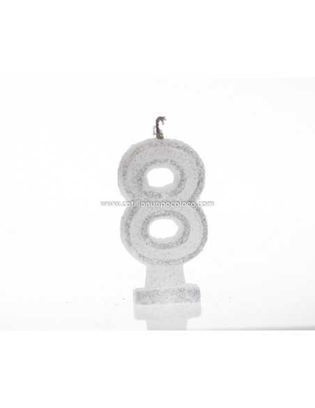 VELA NUMEROTE GRANDE 9cm CON BRILLO BLANCO Nº 8