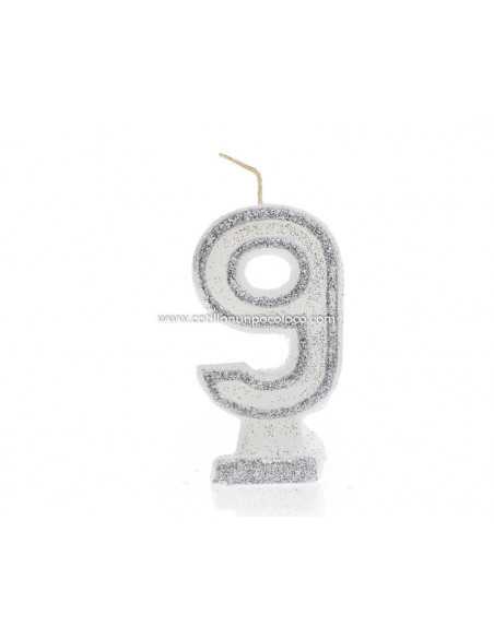 VELA NUMEROTE GRANDE 9cm CON BRILLO BLANCO Nº 9