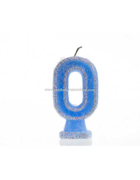 VELA NUMEROTE GRANDE 9cm CON BRILLO CELESTE Nº 0