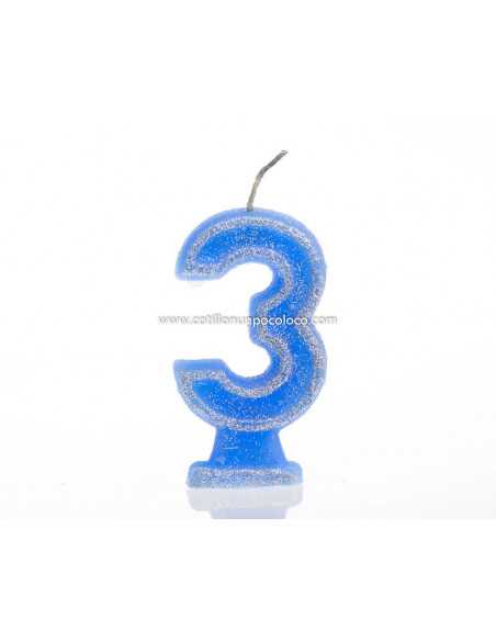 VELA NUMEROTE GRANDE 9cm CON BRILLO CELESTE Nº 3