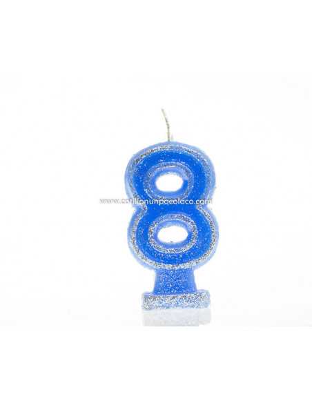 VELA NUMEROTE GRANDE 9cm CON BRILLO CELESTE Nº 8