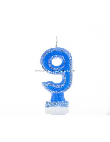 VELA NUMEROTE GRANDE 9cm CON BRILLO CELESTE Nº 9