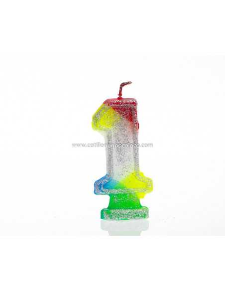 VELA NUMEROTE GRANDE 9cm CON BRILLO MULTICOLOR Nº 1