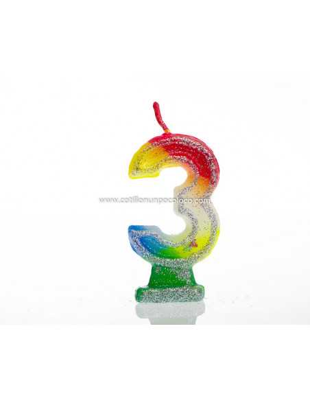 VELA NUMEROTE GRANDE 9cm CON BRILLO MULTICOLOR Nº 3