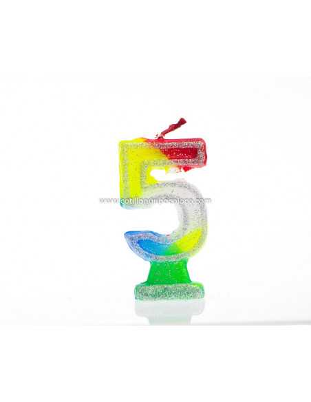VELA NUMEROTE GRANDE 9cm CON BRILLO MULTICOLOR Nº 5