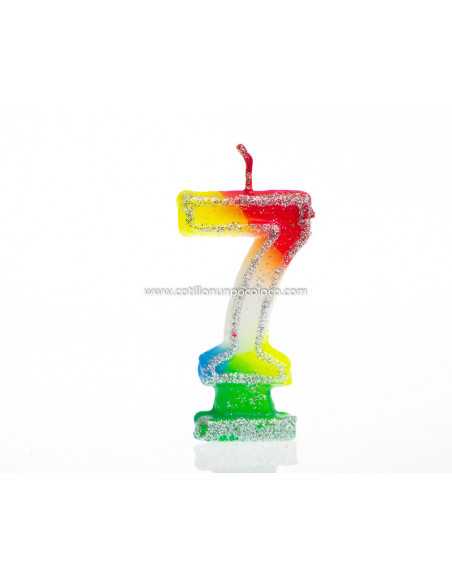VELA NUMEROTE GRANDE 9cm CON BRILLO MULTICOLOR Nº 7