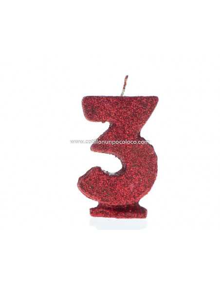VELAS NUMERO x1 GRANDE 9cm BICOLOR ROJO BRILLO N° 3