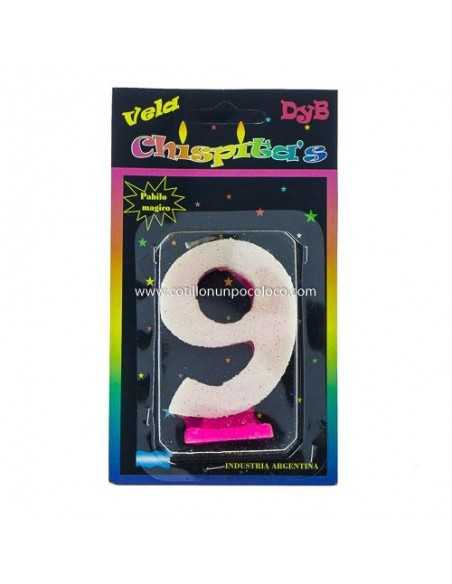 VELA NUMEROTE BRILLO ROSA 9